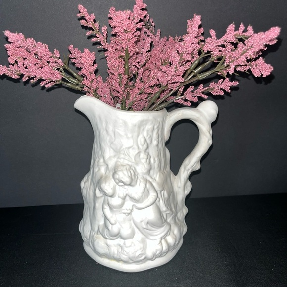 Traker Babes In The Woods Pitcher Jug 6" Tall Embossed Porcelain Bisque Finish - Picture 1 of 6